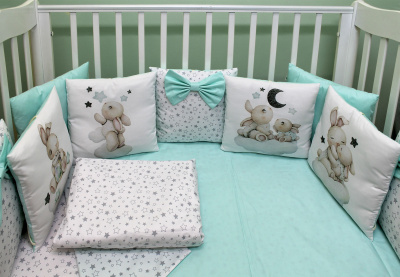 "ПУХЛИКИ" ш4267/0 - комлект в кроватку (с принтом, без балдахина)  ("Мамина радость" - серый)