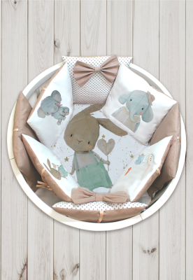 Борт - охранник 4-х сторонний "Лапусяки" (САТИН) ш4468*  ("Зайка со слоником" - серый)