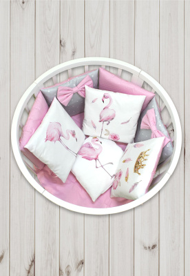 "ПУХЛИКИ" ш4267/0 - комлект в кроватку (с принтом, без балдахина)  ("Фламинго" - серый)