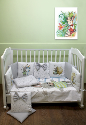 Борт - охранник 4-х сторонний "Лапусяки" (САТИН) ш4468*  ("Зайка на луне" - голубой)